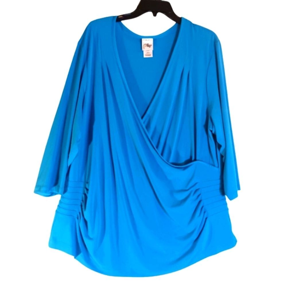 Just My Size Fiesta Blue 3/4 Sleeve V Neck Faux Wrap Jersey Top 3X